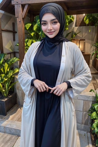 Best quality, uhd, masterpiece, Beautiful lady long hijab, rose Lips, wearing a covered (((jubba thobe))), cowboy shot, smile, photoshoot  background,Milf,photorealistic,Anime Style