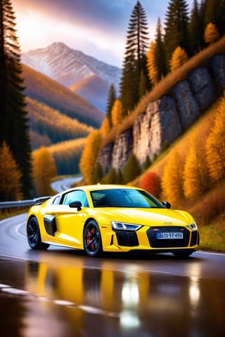 A Vibrant Yellow Audi R8 with black carbon fiber wheels, driving down a winding carpathian mountain road. The Audi R8 should be extremeley detailed, clean, wet, shiny, gleaming. The Winding Road should be covered in rain, rustic and old country, routed in dispair, casting a great destinction between the R8 and the road. the background should be extremely detailed, APEX SUPER CARS XL 