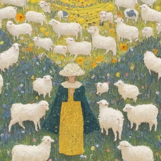 Composition of Gustav Klimt's "The Virgin", 1girl, flowers, sheep, sheepdog, grassland, freedom, soul, digital illustration, perfect hands, approaching perfection, dynamic, highly detailed,  artstation, concept art, sharp focus, in the style of artist like Gustav Klimt, artistic oil painting stick