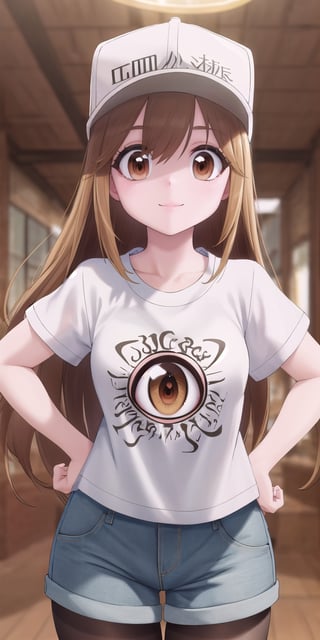 (masterpiece), best quality, high resolution, extremely detailed, detailed background, perfect lighting,platelet, long hair, brown hair, (brown eyes:1.5), (t-shirt:1.5), denim shorts, pantyhose, collarbone, light smile, joyful eyes, cute pose, BREAK indoors, hot springs, BREAK looking at viewer, (cowboy shot:1.5), BREAK, (masterpiece:1.2), best quality, high resolution, unity 8k wallpaper, (illustration:0.8), (beautiful detailed eyes:1.6), extremely detailed face, perfect lighting, extremely detailed CG, (perfect hands, perfect anatomy), solo, ultra beautiful, hands on own hips,