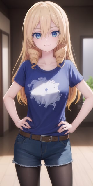 (masterpiece), best quality, high resolution, extremely detailed, detailed background, perfect lighting,mary kikakujou, long hair, blue eyes, blonde hair, hair between eyes, drill hair, (t-shirt:1.5), denim shorts, pantyhose, collarbone, light smile, joyful eyes, cute pose, BREAK indoors, hot springs, BREAK looking at viewer, (cowboy shot:1.5), BREAK, (masterpiece:1.2), best quality, high resolution, unity 8k wallpaper, (illustration:0.8), (beautiful detailed eyes:1.6), extremely detailed face, perfect lighting, extremely detailed CG, (perfect hands, perfect anatomy), solo, hands on own hips, 