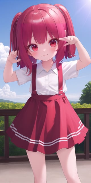 (masterpiece),highest quality,(ultra high resolution:1.5),(loli:1.5) extremely detailed,a red haired girl,dress_shirt ,clear sky, cute pose, female focus, standing 
