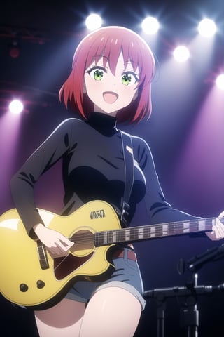 1girl,solo,red hair,green eyes,short hair,one side up,slim,large breasts,:d,v sign, turtleneck ,denim shorts,singing, microphone,on stage,guitar,playing on guitar,looking at viewer,cowboy shot, dutch angle,bocchi style