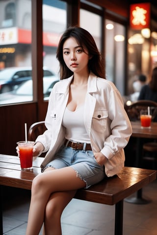dynamic view of a beautiful young Chinese girl, shirt stylised hair, wearing an unbuttoned white jacket over a red tank top, a ripped short denim, pretty legs, convers sneackers, sitting comfortably at a table of a coffee shop, drinking fresh cocktail, an abstract of dystrophian city and silhouette of people.