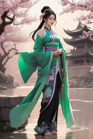 Line art, full body, character line effect, black and mauve ink, thick ink splash lines, ink painting, pen tip splash effect, ink smudge effect, casual wild style, a young Chinese princess wearing green bellyband and mauve loincloth, with long ponytail adorned with jewellery, holding a bunch of lotus flower, one hand  under the chin,  standing on old stone bridge, old stone houses, cherry blossom. art by Wu Quan Zhong.