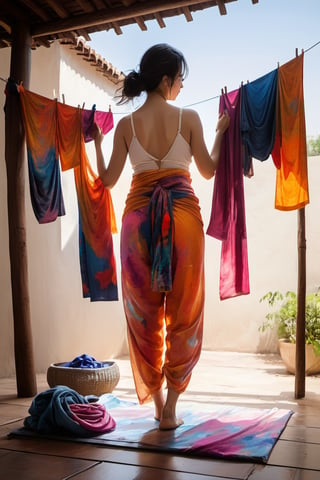 Abstract acrylic and ink, splash, smudged, impressionist brushstrokes, dynamic view of a beautiful  Chinese woman, wearing bellyband and loincloth, is drying colours full laundry and mini underwears on the drying line, an abstract picture of courtyard as background.