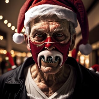 hyperrealistic, gothic evil santa (((christmas))) the purge, old man, dark, ((dollar sign)). old man, close up, background: mall center,photorealistic