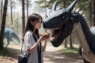 A girl eating by a dinosaur, horror, pretty 