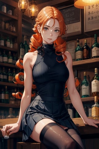 adult female, long orange hair, drill curls, Sleeveless black shirt, blue skirt, stockings, shoulder muscles, light freckles, turtleneck, sitting, in tavern, Detail, whiskey, bikdonama, 