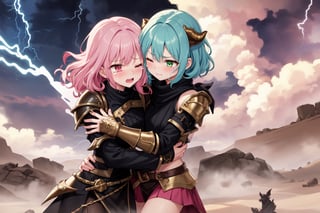 2 girls, lesbian, eyes closed, hugging, crying, dragon, fantasy, shoulder armor, horns, curly hair, armored gauntlet, desert, dust storm in background, mature female, girl, war, tight skirt, gold, narrowed eyes, antitech, chaos, dark sky, lightning, white hair, pink hair, blue hair, green hair