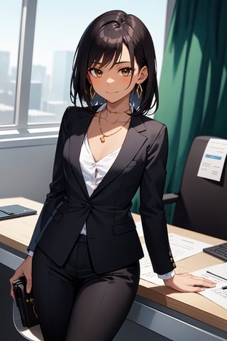 1girl, adult female, adult woman, dark black hair, (dark skin), ((dark indian skin)), dark brown skin, (best quality),(brown eyes), adult woman, round face, curvy, dangling jeweled earrings, black business suit, green button-up shirt, slacks, at office, confident businesswoman, office setting, at office, suit jacket, cleavage, gold necklace, working, office setting, at desk, black suit jacket, slight smile, confident expression, dark office, romantic lighting, girl by herself, girl alone at work

