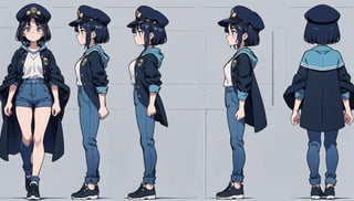 character sheet, 1girl, multiple poses and expressions, full body shot, dark blue short hair, police uniform, suit pants,  black magic cloak, big witch hat, 100% white background,White, solo,Show the full body of the girl, standing, BiophyllTech,LOFI, five fingers,Lofi,Girl,Style,better_hands,Airani,Lofi Them,Lofi Girl,shine eyes01,chara-sheet