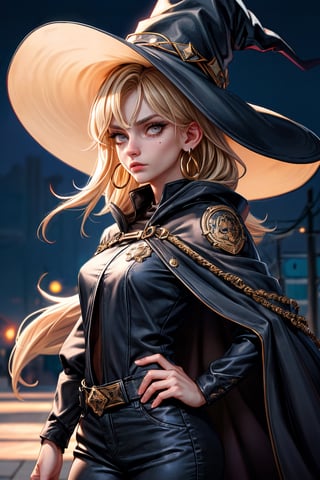 cowboy shot of a woman wearing a police uniform, shirt, black magic cloak, blond hair, big witch hat, pants, clear skin, skinny, slim body, long earrings, angry, mole in the cheek, model pose, magic city street in the night, fantasy background, realist background, Realism,Portrait,