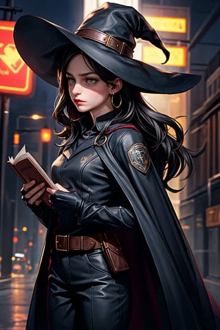 cowboy shot of a woman wearing a police uniform, black suit shirt, black magic cloak, black hair, big witch hat, pants, clear skin, skinny, slim body, with a book in the belt, long earrings, angry, mole in the cheek, magic city street in the night, fantasy background, realist background, Realism,Portrait, melissabenoist-smf