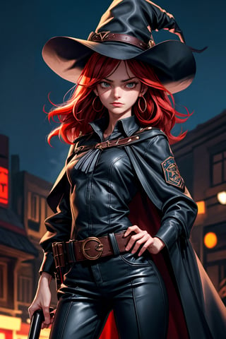 cowboy shot of a woman wearing a police uniform, black suit shirt, black magic cloak, red hair, big witch hat, pants, clear skin, skinny, slim body, with a book in the belt, long earrings, angry, mole in the cheek, model pose, magic city street in the night, fantasy background, realist background, Realism,Portrait,