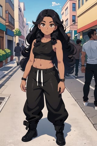 1 girl, dark black hair (curly hair, long hair), (dark skin), ((dark indian skin)), dark brown skin, (best quality),(brown eyes), curvy, 
leather jacket, black top, black baggy joggers (wool joggers, baggy pants) , black leather boots,
Standing in the street,