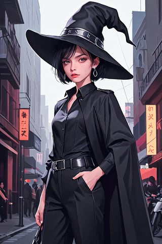 full shot of a woman wearing a police uniform, black suit shirt, black magic cloak, black short hair, big witch hat, pants, clear skin, skinny, slim body, long earrings, angry, mole in the cheek, model pose, magic city street in the night, fantasy background, realist background,