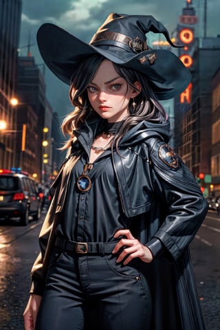 cowboy shot of a woman wearing a police uniform, black suit shirt, black magic cloak, big witch hat, pants, clear skin, skinny, slim body, long earrings, model pose, angry, magic city street in the night, fantasy background, realist background, Realism,Portrait, melissabenoist-smf,m4rg0t