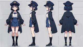 character sheet, 1girl, multiple poses and expressions, full body shot, dark blue short hair, police uniform, black magic cloak, big witch hat, 100% white background,White, solo,Show the full body of the girl, standing, BiophyllTech,LOFI, five fingers,Lofi,Girl,Style,better_hands,Airani,Lofi Them,Lofi Girl,shine eyes01,chara-sheet