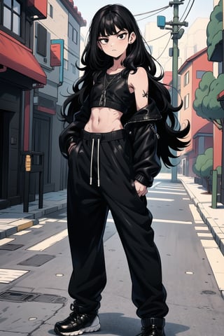 1 girl (25 years old), dark black hair (curly hair, long hair), (best quality), (black eyes), thin body, slim body, serious face, 
leather jacket, black top, black baggy joggers (wool joggers, baggy pants) , black leather high top boots ,
Standing in the street,niji