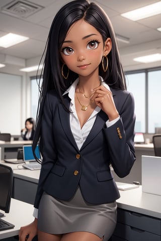 1girl, adult female, dark black hair (straight hair, long hair, hair divided in half), dark skin (dark indian skin, dark brown skin), (best quality), brown eyes,
Wearing a office suit, (grey business jacket, white button-up shirt (cleavage), grey office skirt), big golden earrings, gold necklace

at office, confident businesswoman, office setting, at office, working, office setting, slight smile, confident expression, girl by herself, girl alone at work