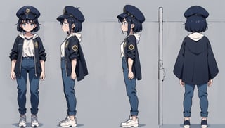 character sheet, 1girl, multiple poses and expressions, full body shot, dark blue short hair, police uniform, suit pants,  black magic cloak, big witch hat, 100% white background,White, solo,Show the full body of the girl, standing, BiophyllTech,LOFI, five fingers,Lofi,Girl,Style,better_hands,Airani,Lofi Them,Lofi Girl,shine eyes01,chara-sheet