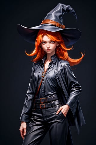 cowboy shot of a woman wearing a police uniform, orange hair, black suit shirt, black magic cloak, big witch hat, pants, clear skin, skinny, slim body, long earrings, model pose, in a magic city street, in the night, fantasy background, realist background, Realism,Portrait, ,sks woman