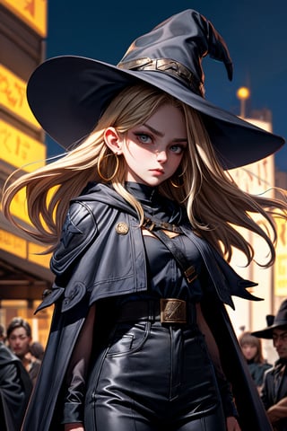 cowboy shot of a woman wearing a police uniform, shirt, black magic cloak, big forehead, blond long hair, very straight hair divided in half, straight hairstyle cut, big witch hat, pants, clear skin, skinny, slim body, long earrings, angry, mole in the cheek, model pose, magic city street in the night, fantasy background, realist background, Realism,Portrait,