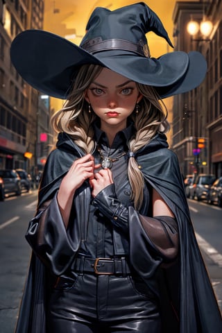 cowboy shot of a woman wearing a police uniform, black suit shirt, black magic cloak, big witch hat, pants, clear skin, skinny, slim body, long earrings, angry, mole in the cheek, magic city street in the night, fantasy background, realist background, Realism,Portrait, melissabenoist-smf,m4rg0t