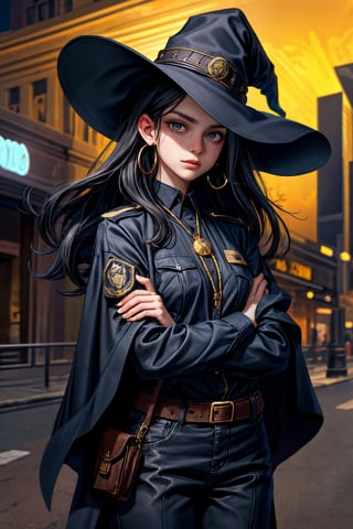 cowboy shot of a woman wearing a police uniform, shirt, black magic cloak, big forehead, dark black long hair, very straight hair divided in half, straight hairstyle cut, big witch hat, pants, clear skin, skinny, slim body, long earrings, mole in the cheek, model pose, magic city street in the night, fantasy background, realist background, Realism,Portrait,