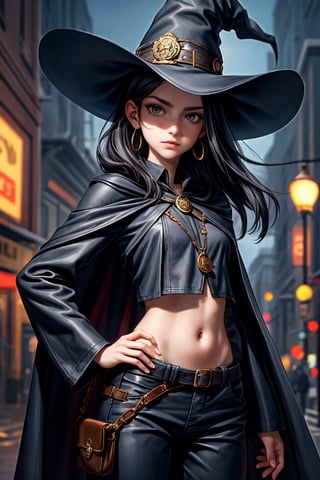 cowboy shot of a woman wearing a police uniform, shirt, black magic cloak, big forehead, dark black long hair, very straight hair divided in half, straight hairstyle cut, big witch hat, pants, clear skin, skinny, slim body, long earrings, mole in the cheek, model pose, magic city street in the night, fantasy background, realist background, Realism,Portrait,