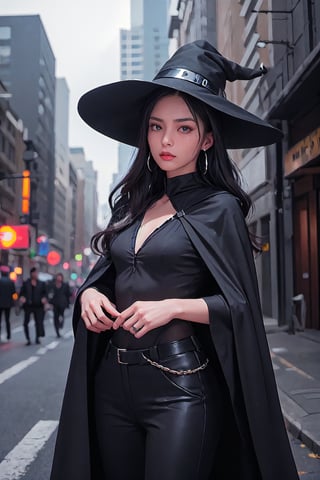 full shot of a woman wearing a police uniform, black suit shirt, black magic cloak, black medium hair, big witch hat, pants, clear skin, skinny, slim body, long earrings, angry, mole in the cheek, model pose, magic city street in the night, fantasy background, realist background,