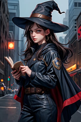 cowboy shot of a woman wearing a police uniform, black suit shirt, black magic cloak, black hair, big witch hat, pants, clear skin, skinny, slim body, with a book in the belt, long earrings, angry, mole in the cheek, magic city street in the night, fantasy background, realist background, Realism,Portrait, melissabenoist-smf