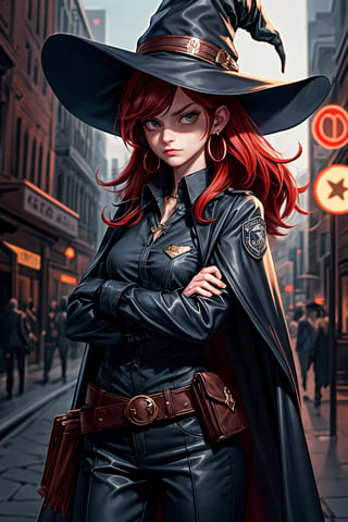 cowboy shot of a woman wearing a police uniform, black suit shirt, black magic cloak, red hair, big witch hat, pants, clear skin, skinny, slim body, with a book in the belt, long earrings, angry, mole in the cheek, model pose, magic city street in the night, fantasy background, realist background, Realism,Portrait,