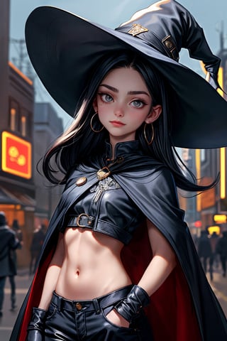 cowboy shot of a woman wearing a police uniform, black magic cloak, big forehead, dark black long hair, very straight hair divided in half, straight hairstyle cut, big witch hat, pants, clear skin, skinny, slim body, long earrings, mole in the cheek, model pose, magic city street in the night, fantasy background, realist background, Realism,Portrait,