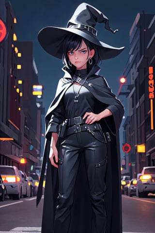 full shot of a woman wearing a police uniform, black suit shirt, black magic cloak, black short hair, big witch hat, pants, clear skin, skinny, slim body, long earrings, angry, mole in the cheek, model pose, magic city street in the night, fantasy background, realist background,