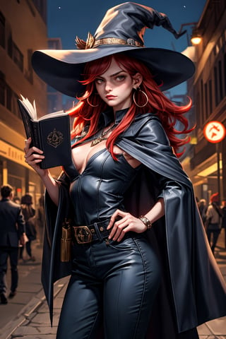 cowboy shot of a woman wearing a police uniform, suit shirt, black magic cloak, red hair, big witch hat, pants, clear skin, skinny, slim body, with a book in the belt, long earrings, angry, mole in the cheek, model pose, magic city street in the night, fantasy background, realist background, Realism,Portrait,
