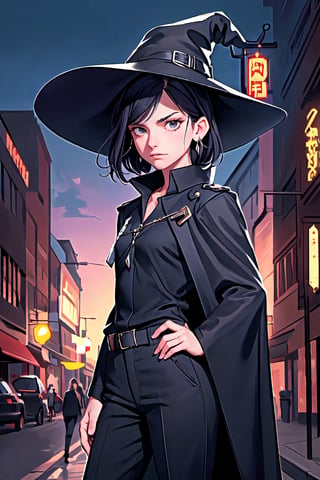 full shot of a woman wearing a police uniform, black suit shirt, black magic cloak, black short hair, big witch hat, pants, clear skin, skinny, slim body, long earrings, angry, mole in the cheek, model pose, magic city street in the night, fantasy background, realist background,