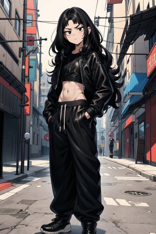 1 girl (25 years old), dark black hair (curly hair, long hair), (best quality), (black eyes), thin body, slim body, serious face, 
leather jacket, black top, black baggy joggers (wool joggers, baggy pants) , black leather high top boots ,
Standing in the street,niji