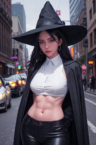 full shot of a woman wearing a police uniform, black suit shirt, black magic cloak, black medium hair, big witch hat, pants, clear skin, skinny, slim body, long earrings, angry, mole in the cheek, model pose, magic city street in the night, fantasy background, realist background,