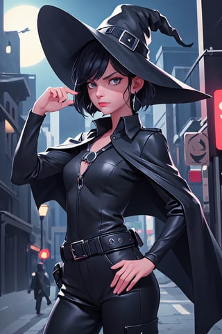 full shot of a woman wearing a police uniform, black suit shirt, black magic cloak, black short hair, big witch hat, pants, clear skin, skinny, slim body, long earrings, angry, mole in the cheek, model pose, magic city street in the night, fantasy background, realist background,