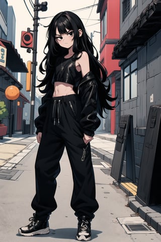 1 girl (25 years old), dark black hair (curly hair, long hair), (best quality), (black eyes), thin body, slim body, serious face, 
leather jacket, black top, black baggy joggers (wool joggers, baggy pants) , black leather boots,
Standing in the street,niji
