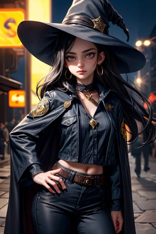 cowboy shot of a woman wearing a police uniform, shirt, black magic cloak, big forehead, dark black long hair, very straight hair divided in half, straight hairstyle cut, big witch hat, pants, clear skin, skinny, slim body, long earrings, angry, mole in the cheek, model pose, magic city street in the night, fantasy background, realist background, Realism,Portrait,