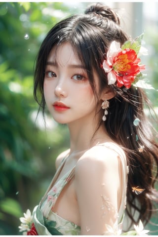 1girl, solo, half body,  face directly, black hair, hair ornament, closed mouth, flower, japanese clothes, hair flower, kimono, blurry, lips, eyelashes, depth of field, bug, butterfly, portrait, blurry foreground, water drop, realistic, nose, red lips,1 girl,Young beauty spirit ,chinatsumura,Soojin 