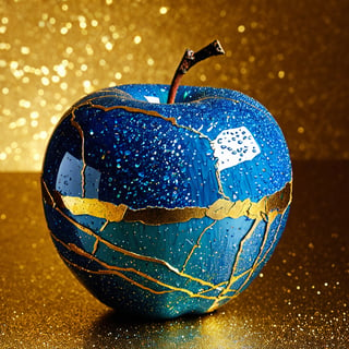 water blue are spliced ​​into an apple with a smooth and translucent surface using Kintsugi techniques, close-up, Kintsugi art, real photos, high details, high quality, detailed focus, deep bokeh, beautiful,Visually delightful, 3D,more detail XL,glitter,ral-3dwvz,Comic Book-Style 2d,sweetscape