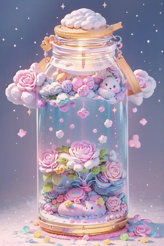 ((rose flower, rainbow, colorful snow background, rainbow, hearts, snow, snowing, ice, pastel, sun, clouds, sparkles, twinkle, crystals, stars)),( fluffy, soft, light, bright, slightly, gold, downcast eyes, cute, pink, purple,  candy, sweets) (masterpiece, best quality:1.2), (on toy figure stand), glass bottle,  jar, gib\(concept\),bottle,kawaiitech,woollen flower