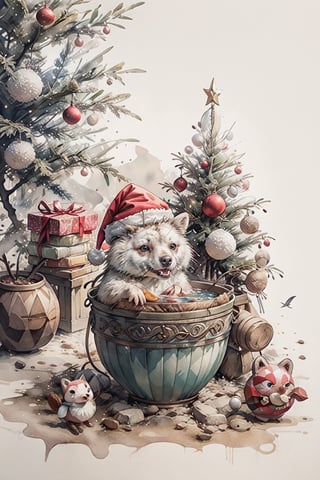 A detailed illustration of a print of a cute quokka standing under Christmas tree and it wear Santa hat drinking cup of frappuccino, Christmas theme, hyper realistic high quality, t-shit desing graphic, vector, carton, contour, fantasy swirls splash, modern t-shirt design, in the style of Studio Ghibli, light white red and green pastel tetradic colors, 3D vector art, cute and quirky, fantasy art, watercolor effect, bokeh, Adobe Illustrator, hand-drawn, digital painting, low-poly, soft lighting, birds-eye view, isometric style, retro aesthetic, focusedon the character, 4K resolution, photorealistic rendering, usingCinema 4D