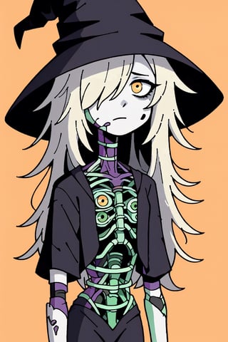 score_9, score_8_up, score_7_up, zombie, 1girl, long hair, messy hair, pale blonde hair, ((hair over one eye)), colored skin, pale white skin, patchwork skin, multiple scars, stiched face, tired eyes, gray eyes, dark eyebags, scars and rotting wounds all over his body,
black wizard outfit, black wizard hat, yellow eyes, arched back, simple background, orange background, white ghostglitch, white skeleton, extra eyes, videocassette, cartoon,ghostglitch,z0mb13