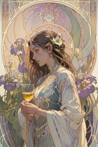 (masterpiece, best quality, highly detailed, ultra-detailed, intricate), illustration, pastel colors, art_nouveau, Art Nouveau by Alphonse Mucha, tarot, offcial art,统一 8k 壁纸,ultra - detailed,masterpiece,Best quality at best,（zentangle,datura,Tangles,entangled）,（ecstasy of flower：1.2）dynamic angle,cowboyshot,The most beautiful form of chaos,ellegance,Fauvistdesign,vivid colour,romanticism lain,atmospurate,(((woman drinking a glass of white wine))), clear pattern, watercolor, Solid background, lanterns, electrical wires, vibrant colors,masterpiece,(best quality, masterpiece)