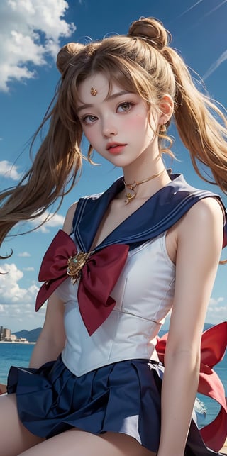 (masterpiece), (best quality), (ultra detailed),(illustration), (1girl),looking at viewer, (interview),beautiful detailed eyes, delicate beautiful face, Floating,(high saturation),(shining), blue-sky, sailor moon,1girl, long hair,jewelry, sailor senshi uniform, blue sailor collar,blonde hair, red choker, twintails, red bow, blue skirt, blue eyes, hair bun